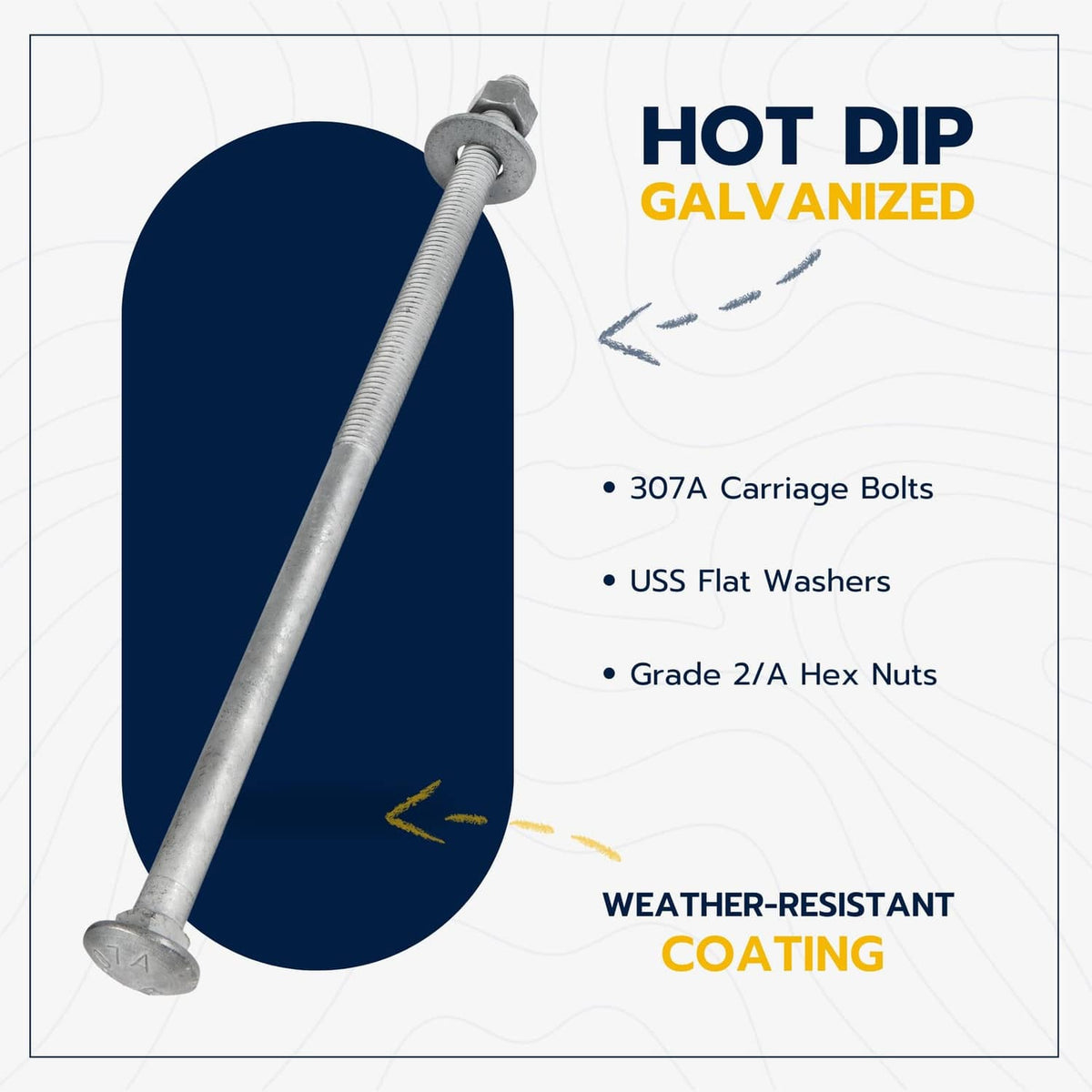 Hot-dip galvanized carriage bolt kit with 307A bolts, flat washers, and hex nuts