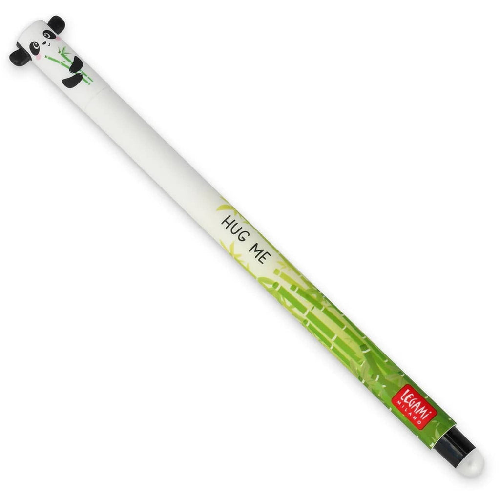 White erasable gel pen with panda cap and green 'HUG ME' grip