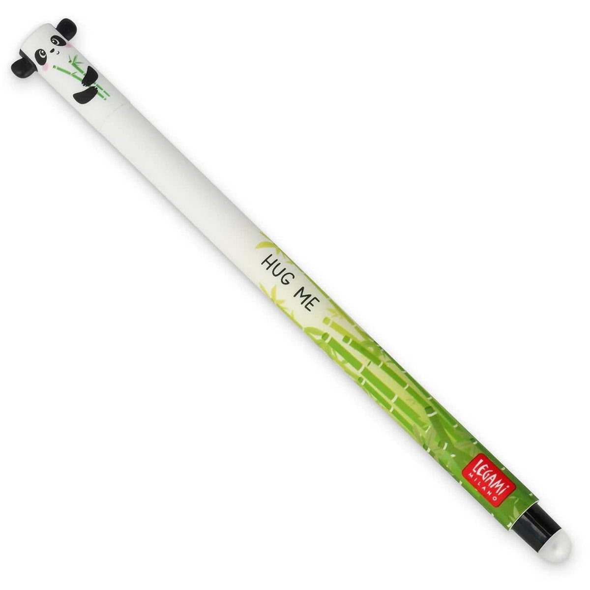 White erasable gel pen with panda cap and green 'HUG ME' grip
