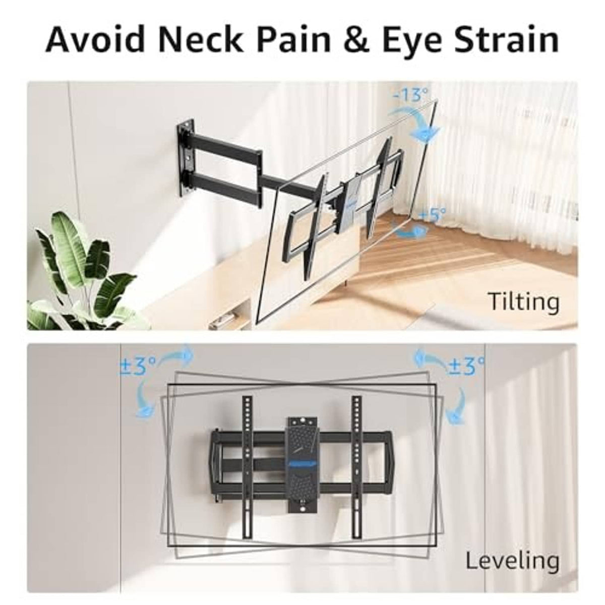 Black corner TV wall mount with adjustable arms and side screws for positioning