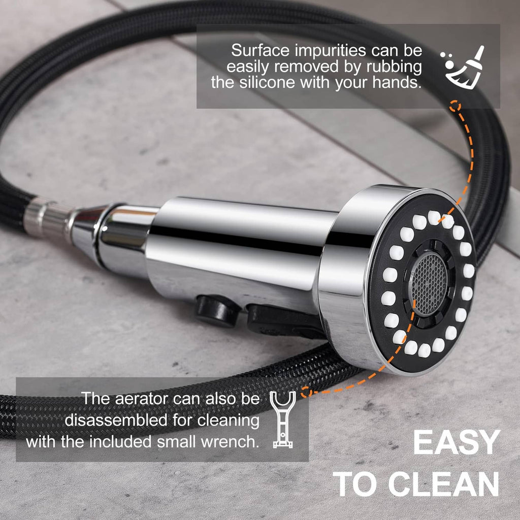 Chrome spray head with black perforated face and removable aerator for cleaning