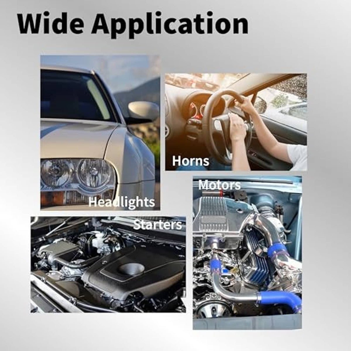 Automotive relay kit shown for vehicle systems like headlights, horns, motors, and starters