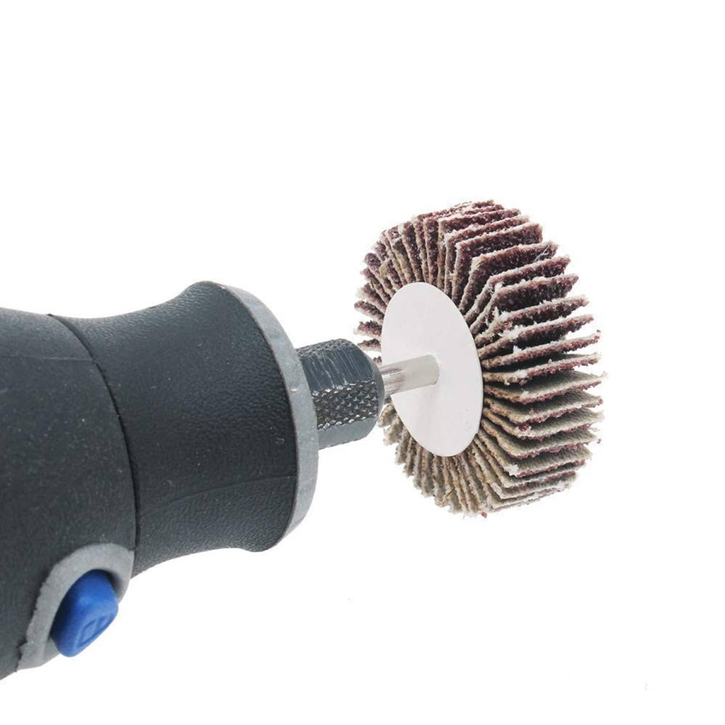 Flap sanding wheel on drill adapter, 80-grit abrasive with metal base