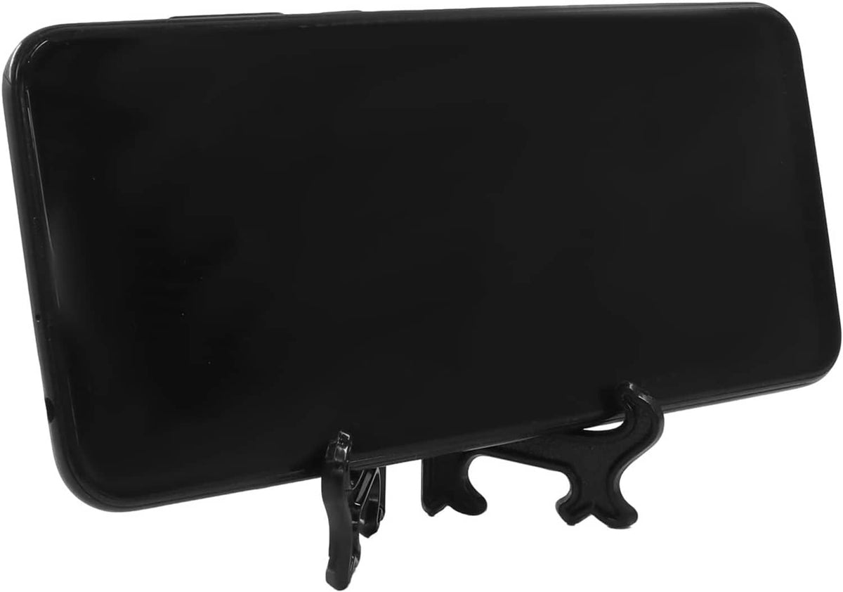 Black plastic mini easel stand holding a rectangular frame plate, front view.