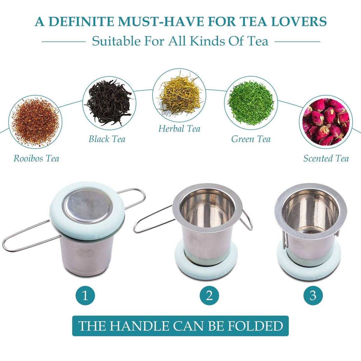 Stainless steel tea infuser with light blue lids and fine mesh strainer baskets