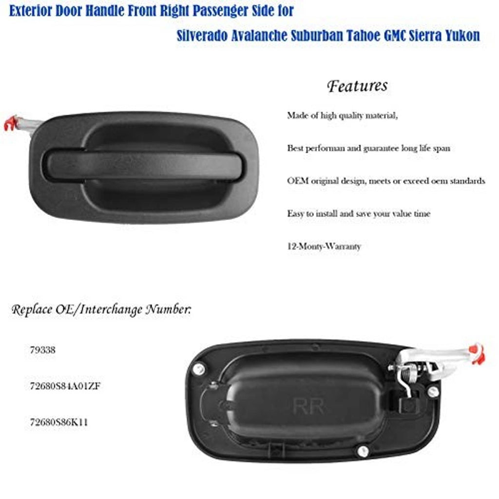 Front passenger exterior door handle assembly, dark gray housing with red wire tabs