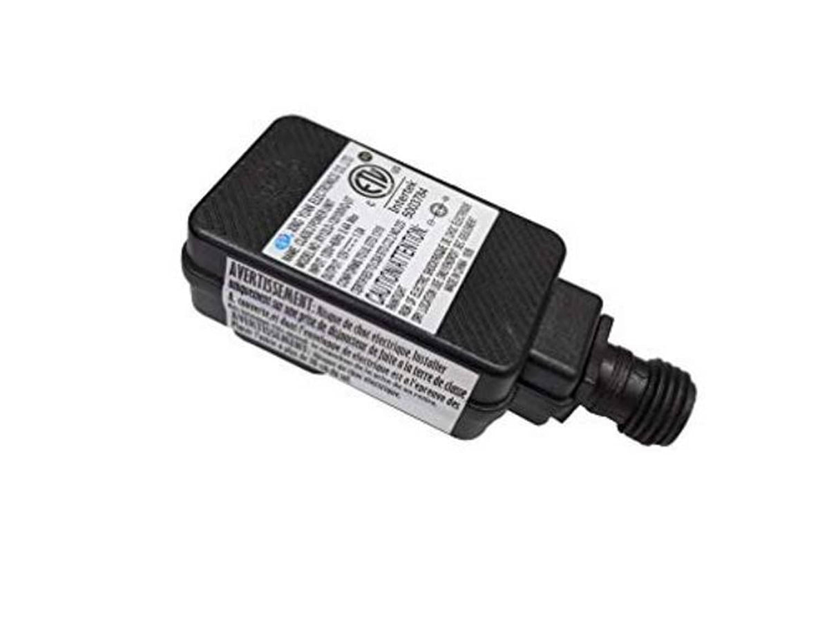 Black power adapter with rear label and molded barrel output connector