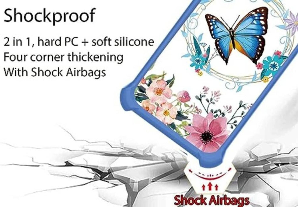 Blue phone case with floral butterfly design and shock-absorbing bumper corners