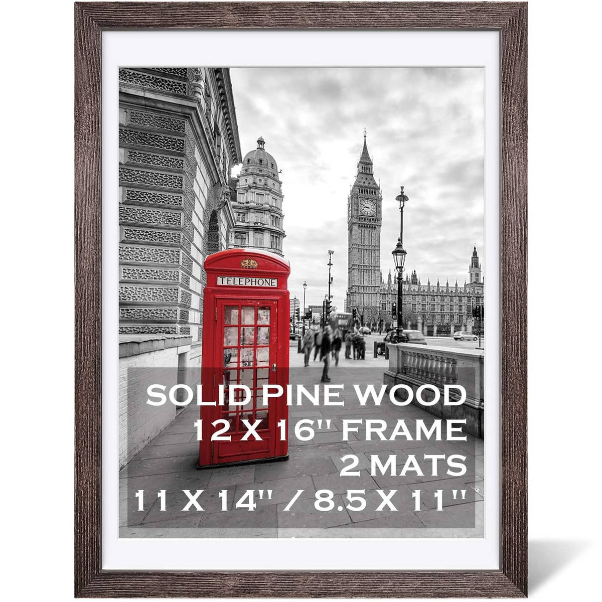 Brown rustic solid wood 12x16 picture frame with white mat(s)