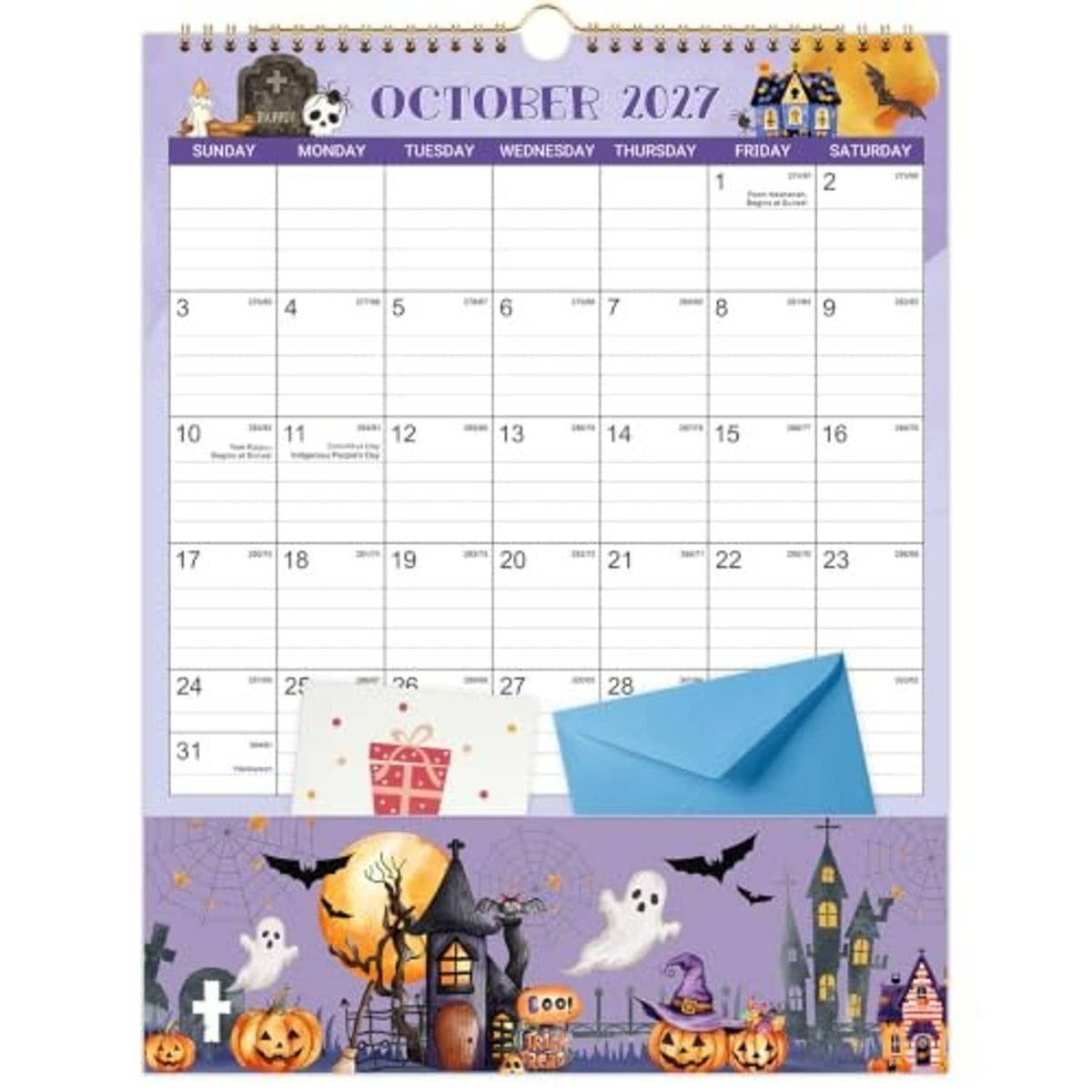 Pocket calendar page for October 2027 with spiral binding and Halloween theme detail