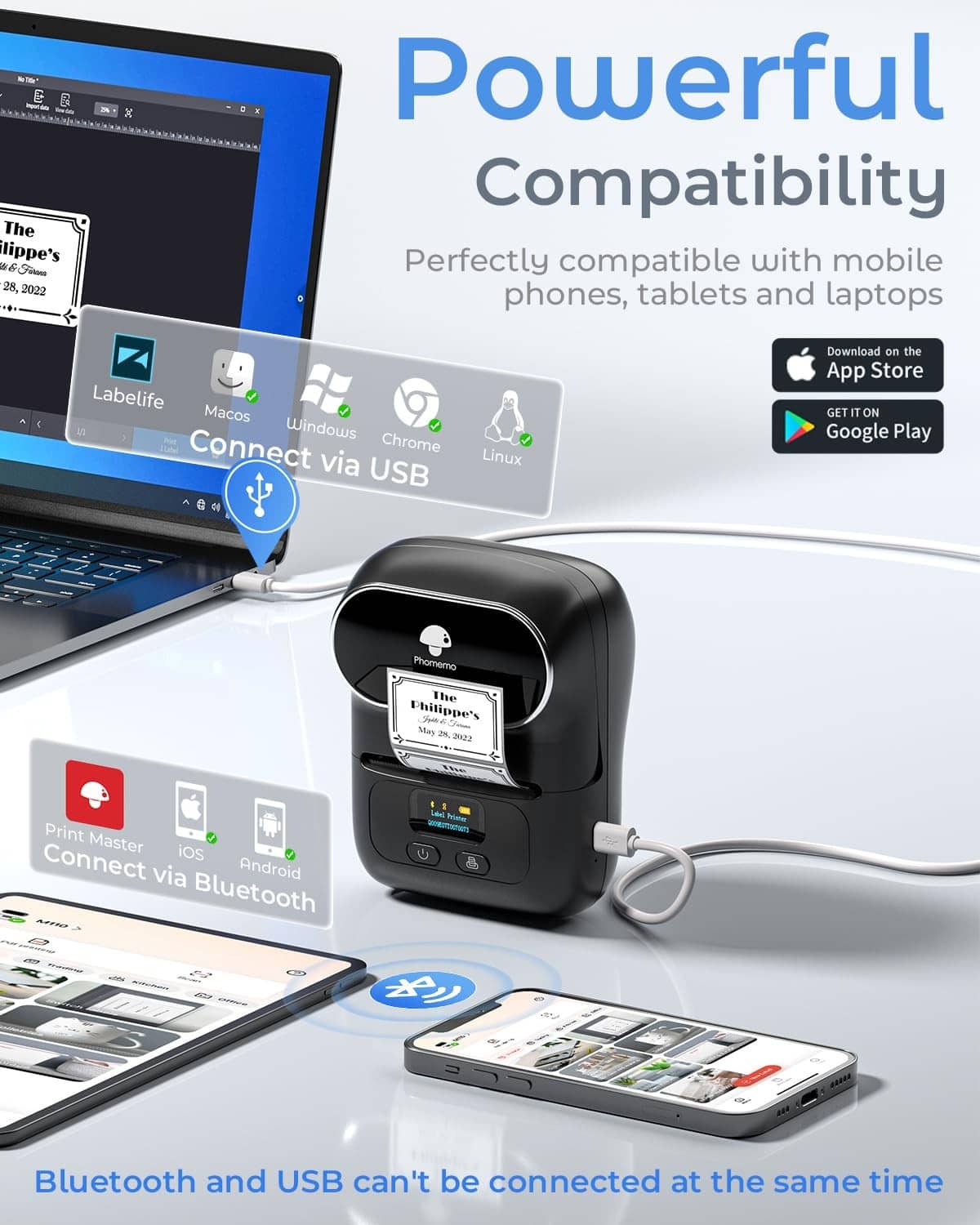 Label maker with Bluetooth and USB connectivity icons next to laptop and mobile devices