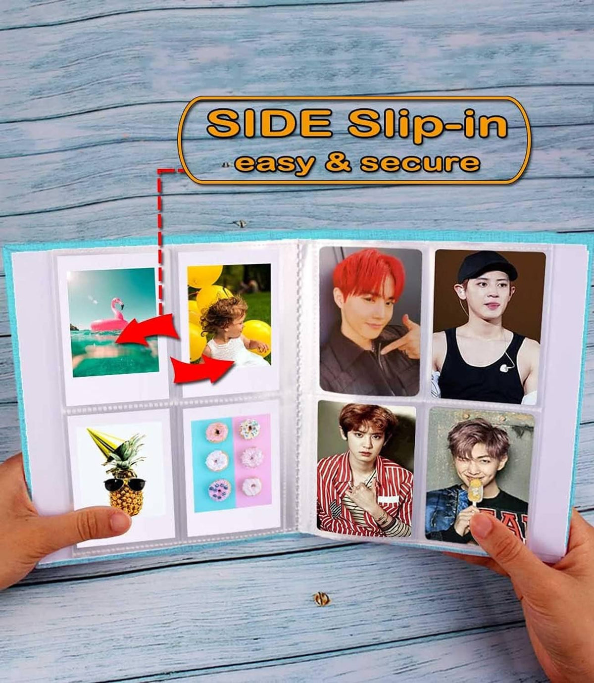 Mini photo album opened with side slip-in pockets; several vertical photos in a grid