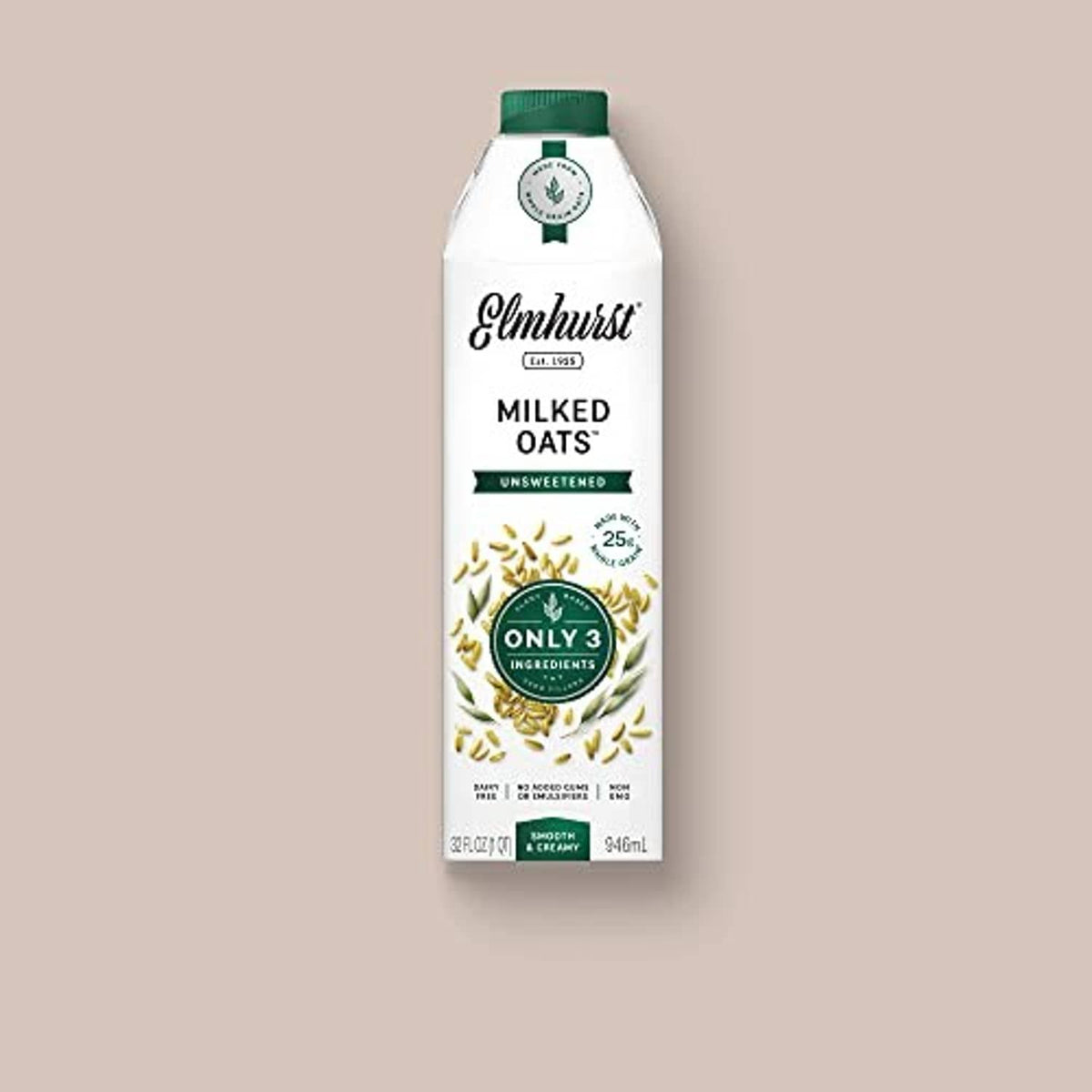 Unsweetened oat milk carton front view with Elmhurst branding and oat graphic.