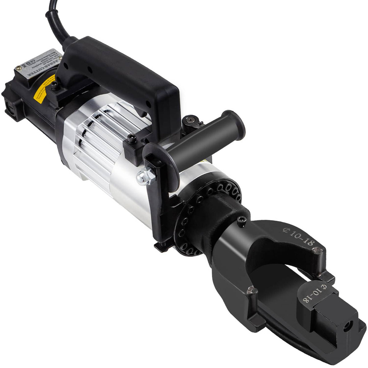 Electric rebar bender close-up with black clamping yoke and silver cylindrical body
