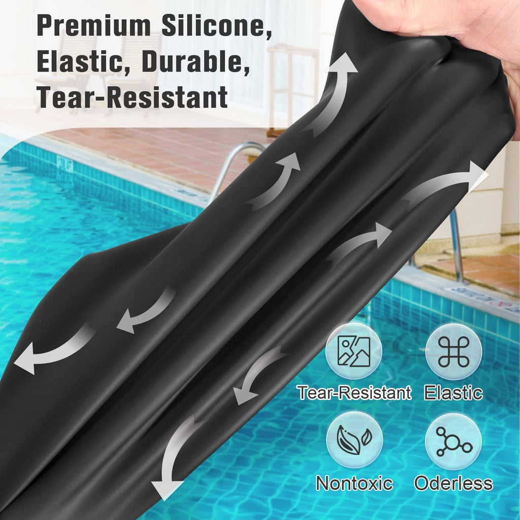Black silicone swim cap with durable, tear-resistant material and elastic fit