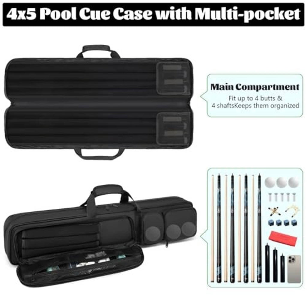 Black pool cue case with top handle and padded main compartment for cues