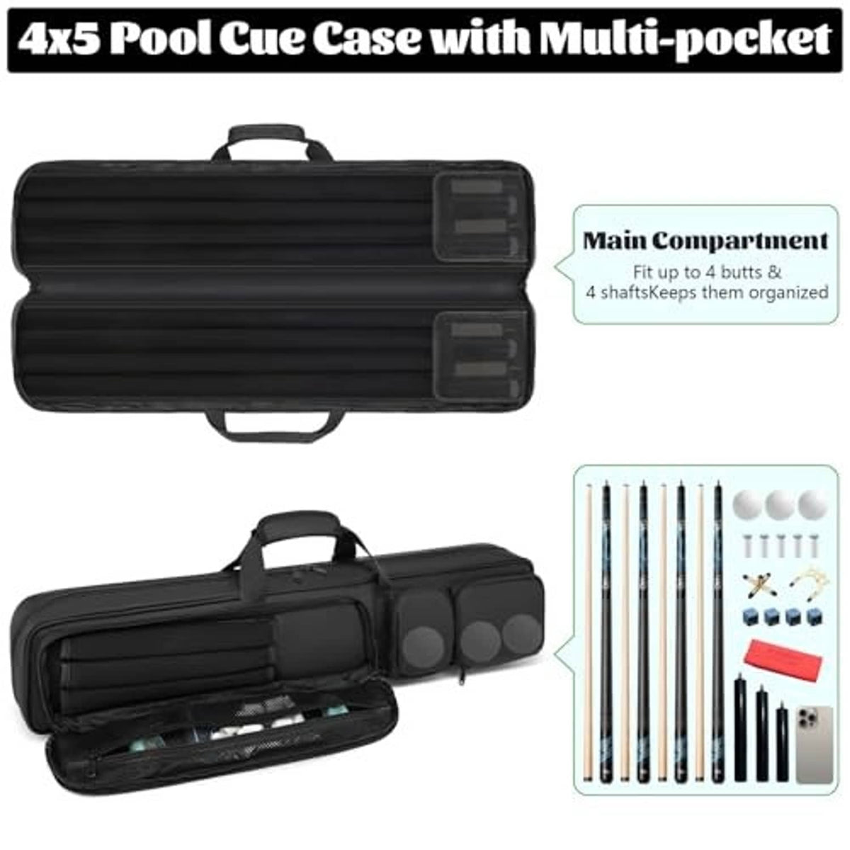 Black pool cue case with top handle and padded main compartment for cues