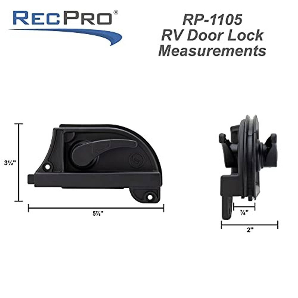 Black RV door latch with size diagram showing overall dimensions