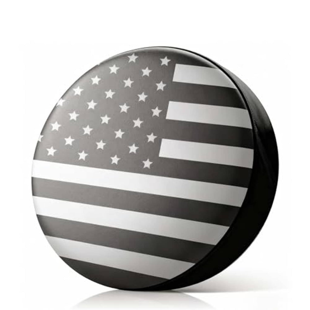 Spare tire cover showing American flag stars and stripes on a dark gray background.