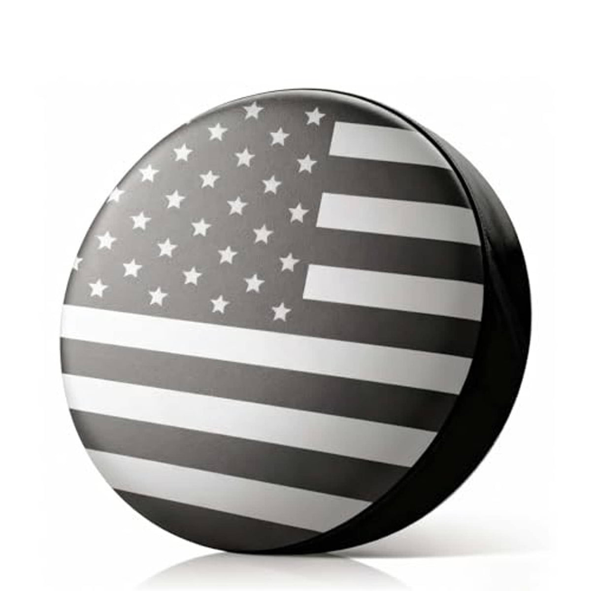 Spare tire cover showing American flag stars and stripes on a dark gray background.