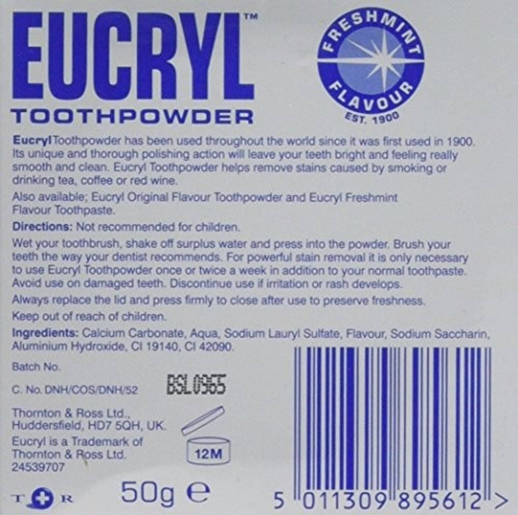 Eucryl Freshmint toothpowder back label with ingredients and barcode