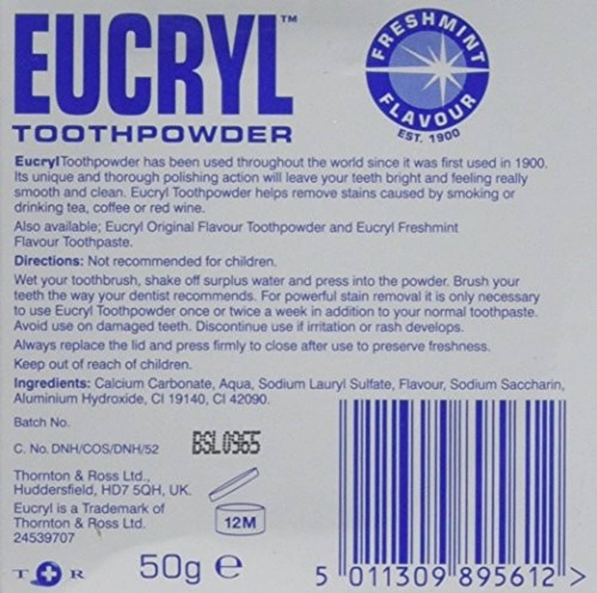 Eucryl Freshmint toothpowder back label with ingredients and barcode