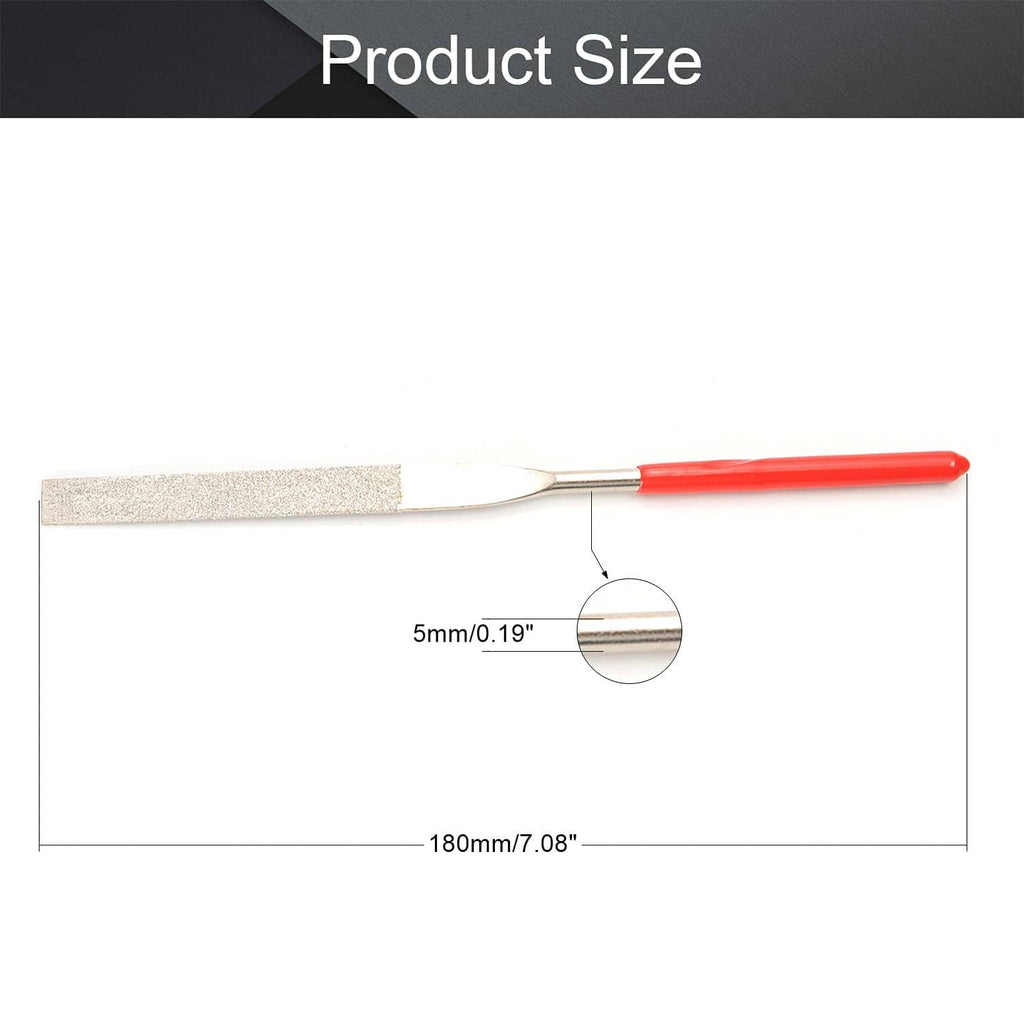 Single diamond needle file, 180mm length, 5mm tip, silver face and red handle