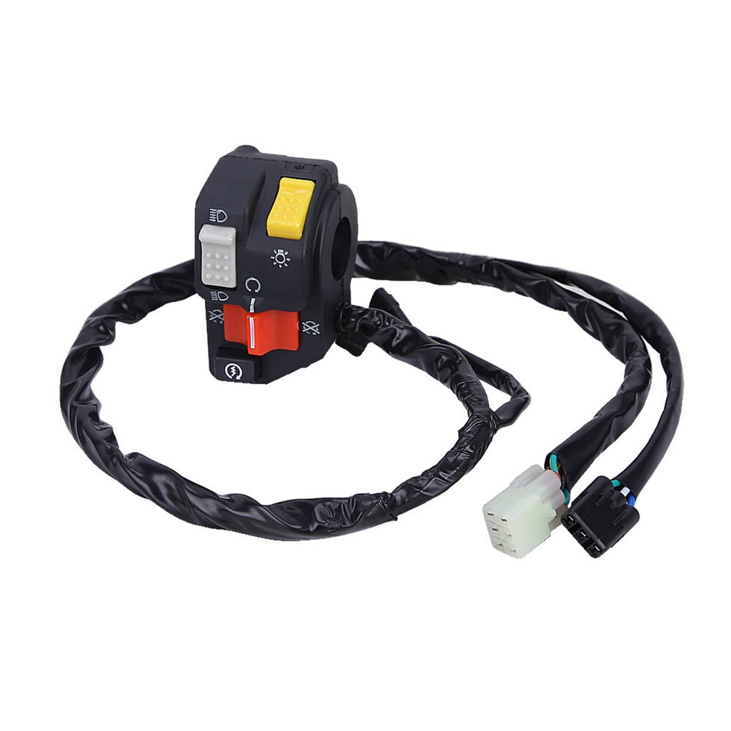 Black handlebar switch assembly with wiring harness, yellow and red buttons, headlight control