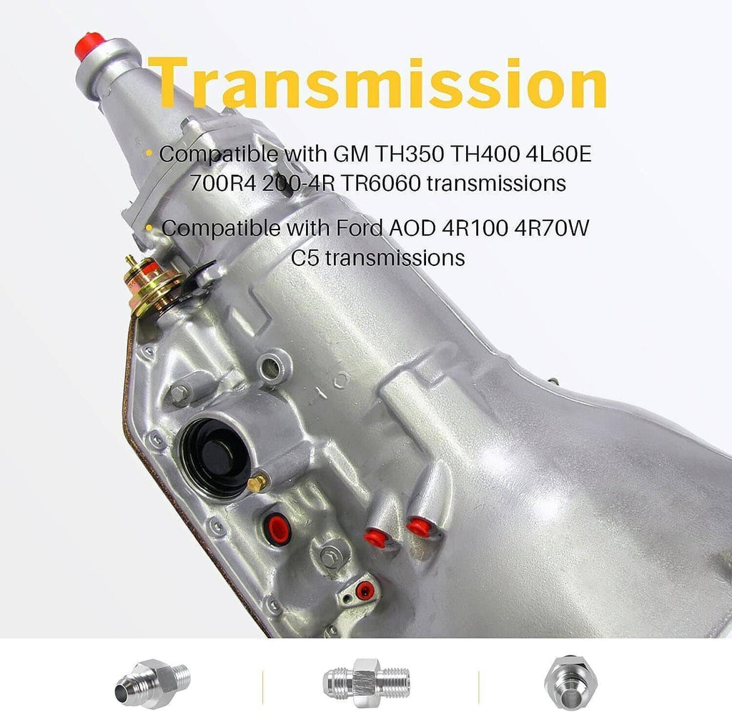 Transmission fitting installed on a transmission housing, with highlighted cooler connection.