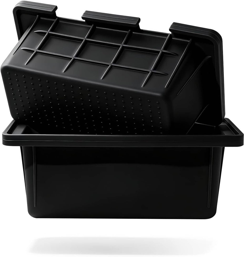 Black silicone drip pan liner set with perforated base and side channels