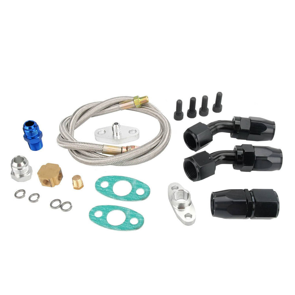 Oil feed line kit with braided hose, black fittings, gaskets, and assorted adapters