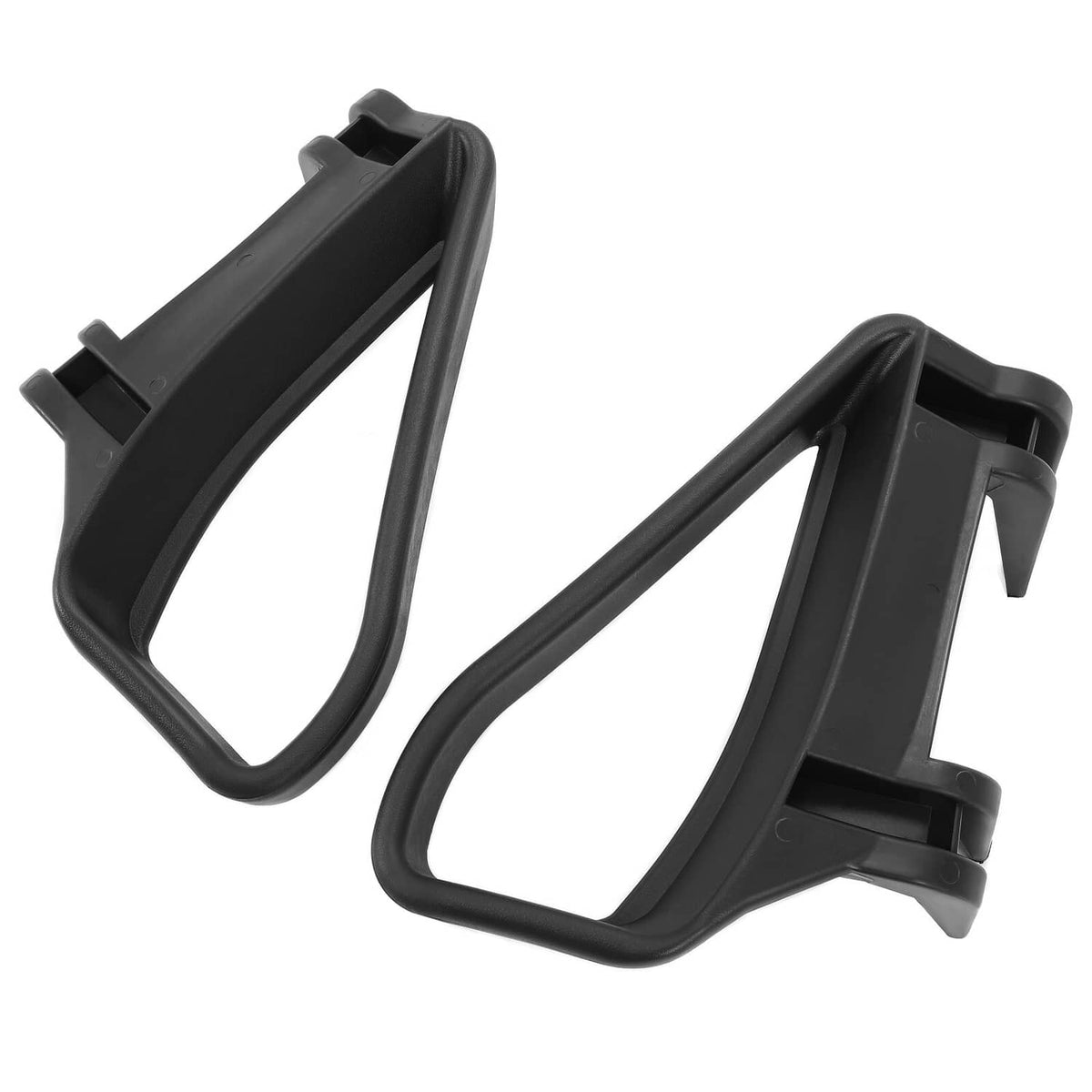 Two black armrest/handle brackets angled view with mounting arms and base clips
