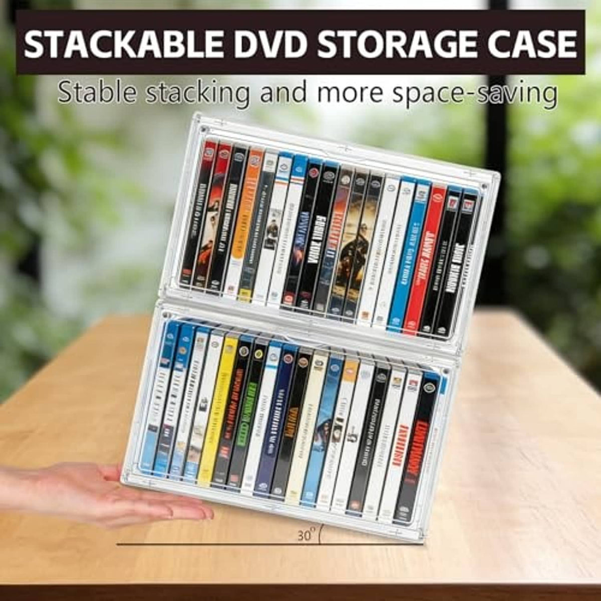 Transparent stackable DVD/CD storage case with open front, colorful discs visible.