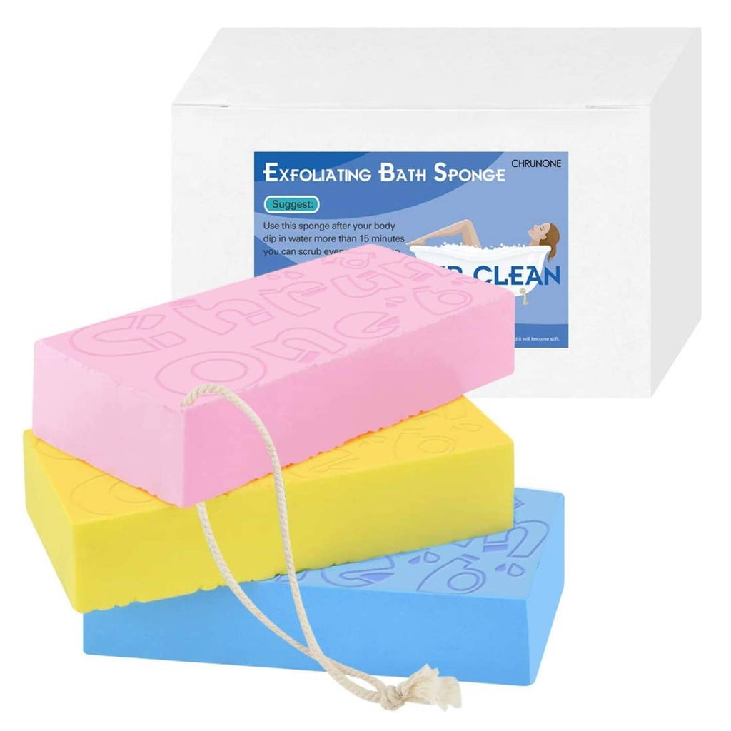 3 exfoliating bath sponges with hanging cord, pink, yellow, and blue blocks