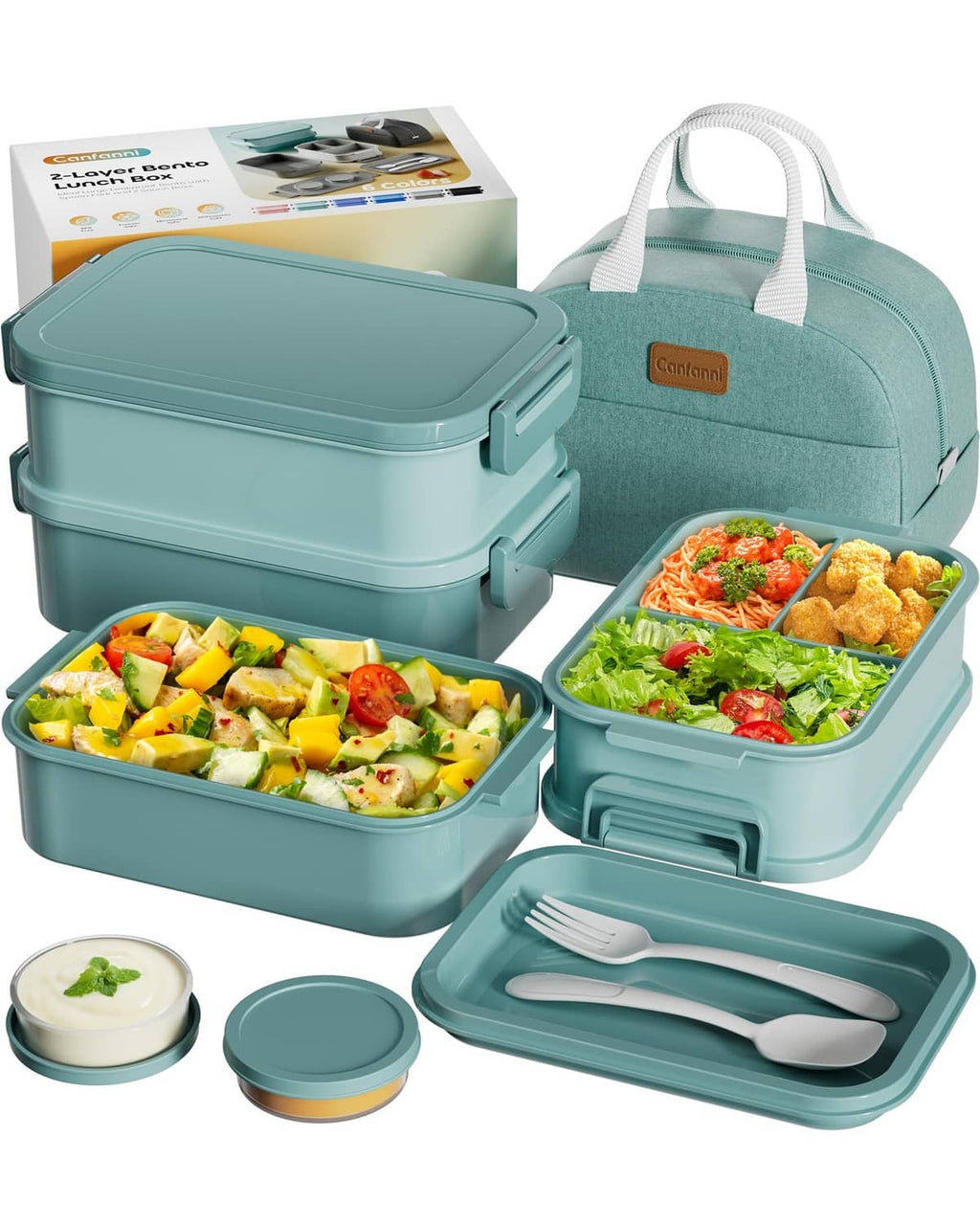 Mint green insulated bento lunch bag with two stacked meal containers