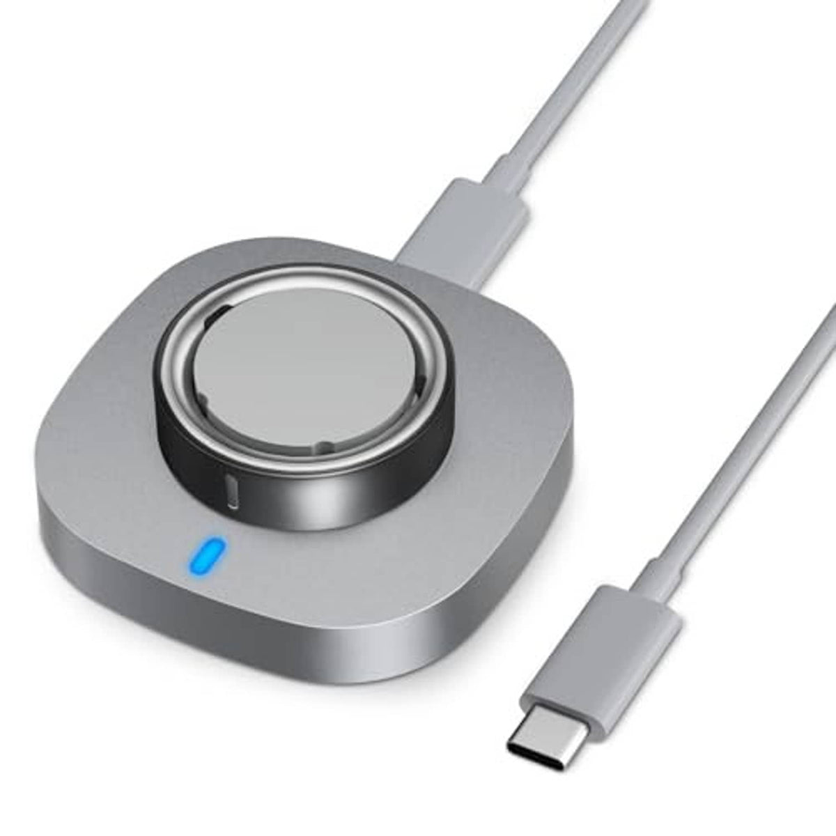 Round metal charging dock with blue indicator light and USB-C cable