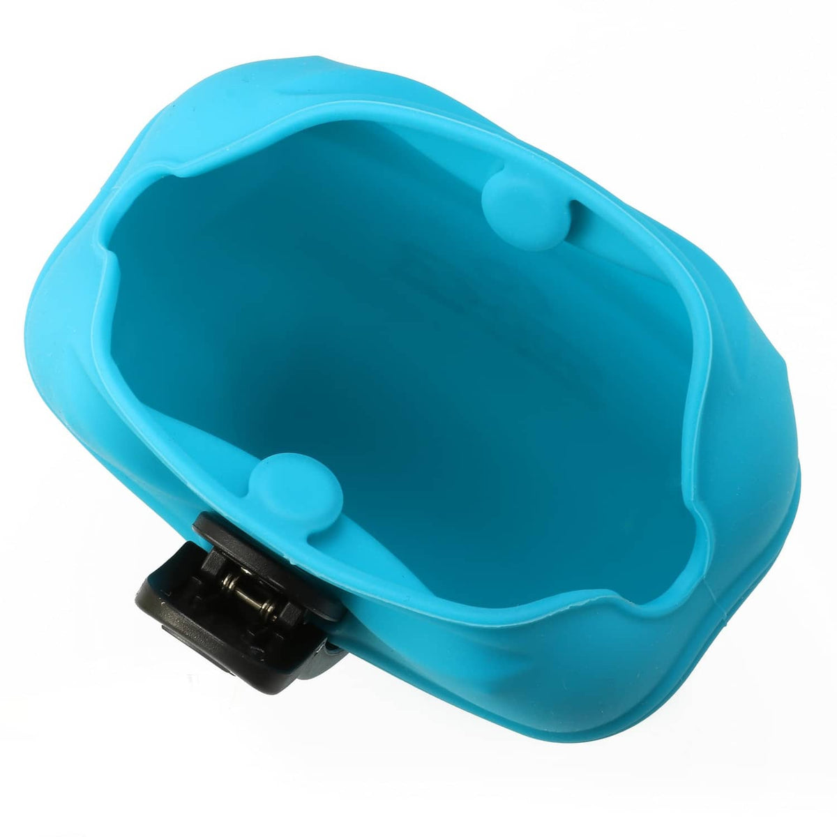 Blue silicone dog treat pouch with lid open and molded hinge