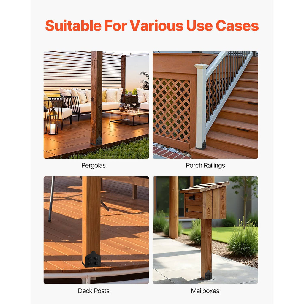 Black steel post base brackets for deck posts and mailboxes, bolt hole openings