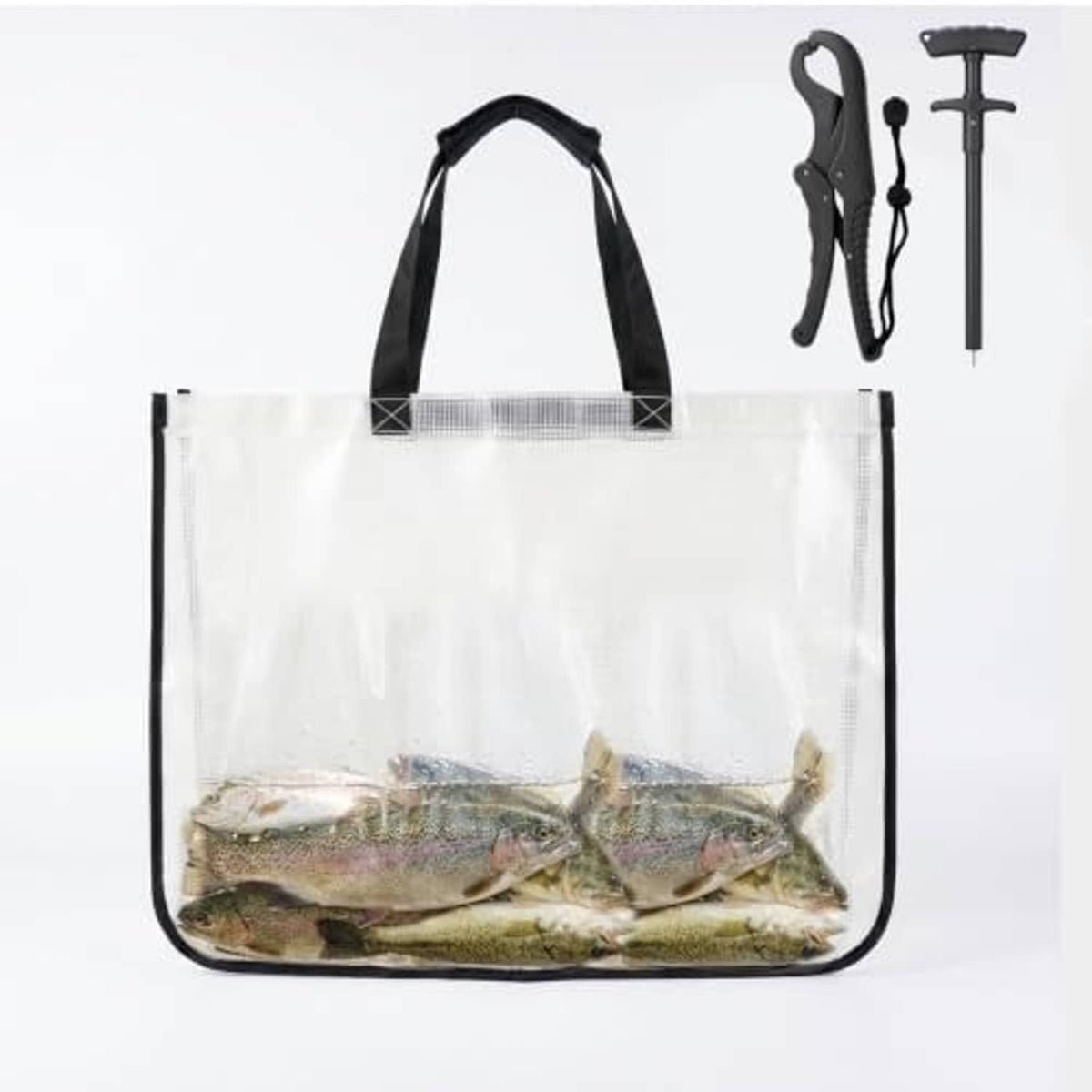 Transparent white fish tote bag with black handles, filled with multiple fish.