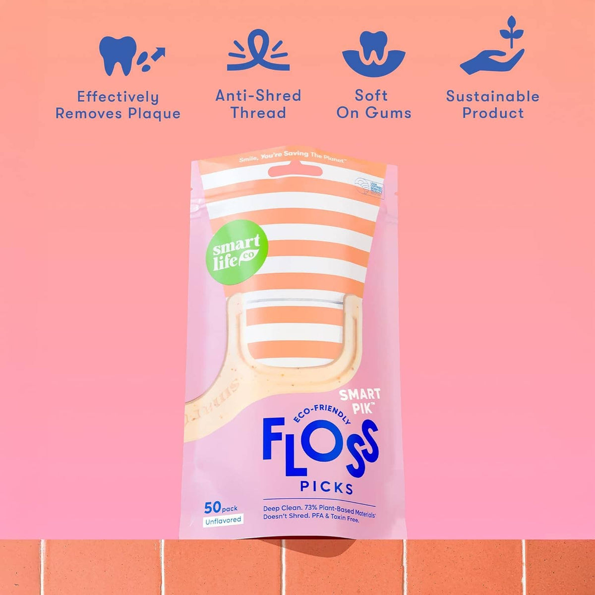 Eco-friendly floss pick pouch showing beige U-shaped handles, anti-shred thread