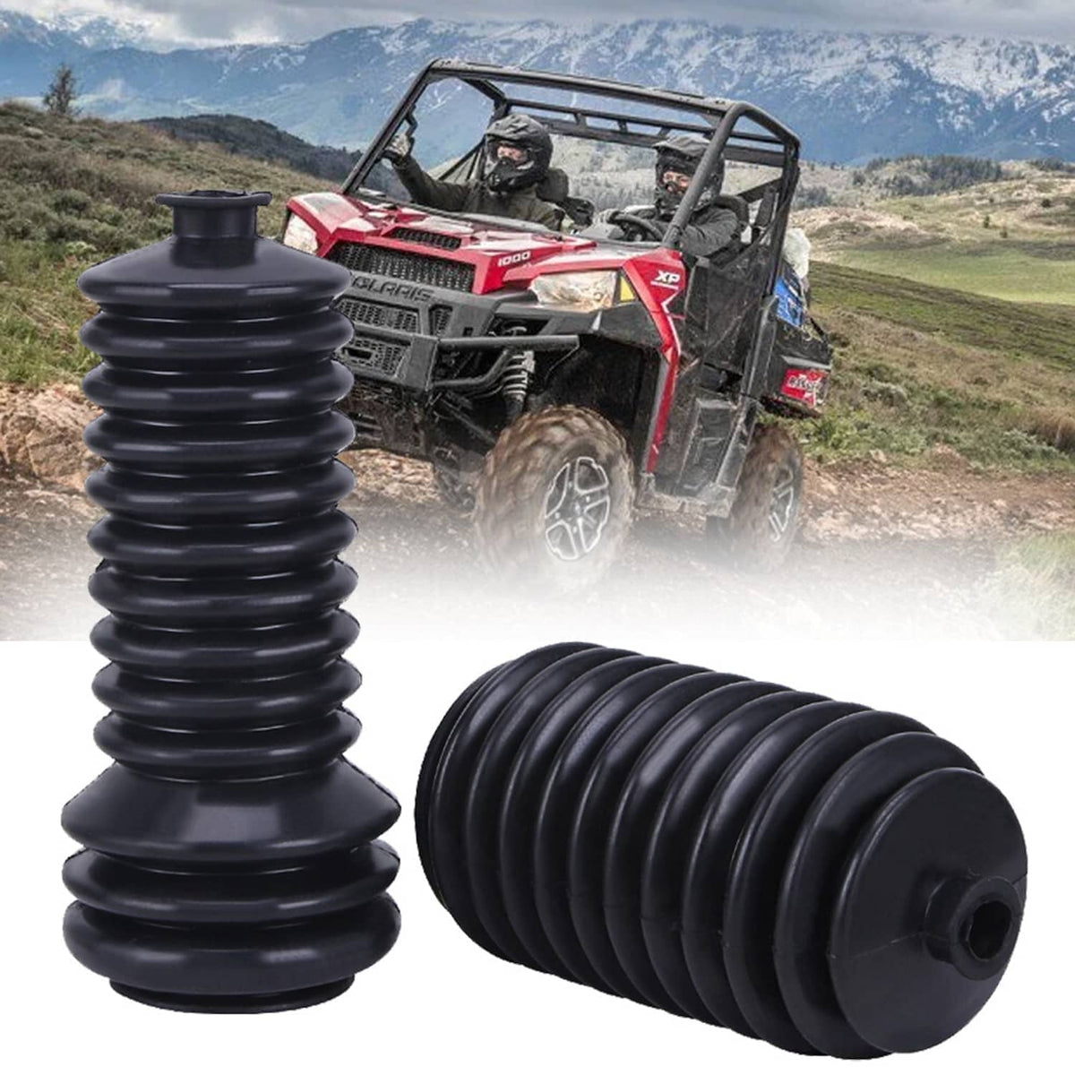 Black steering rack pinion boot, accordion-style rubber bellows with circular opening