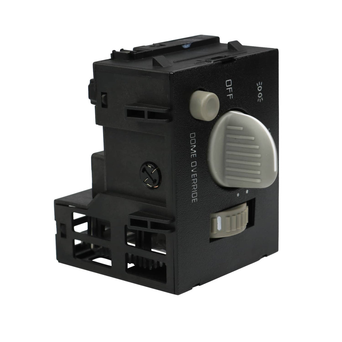 Black dash headlight switch with white knob and OFF/indicator symbols