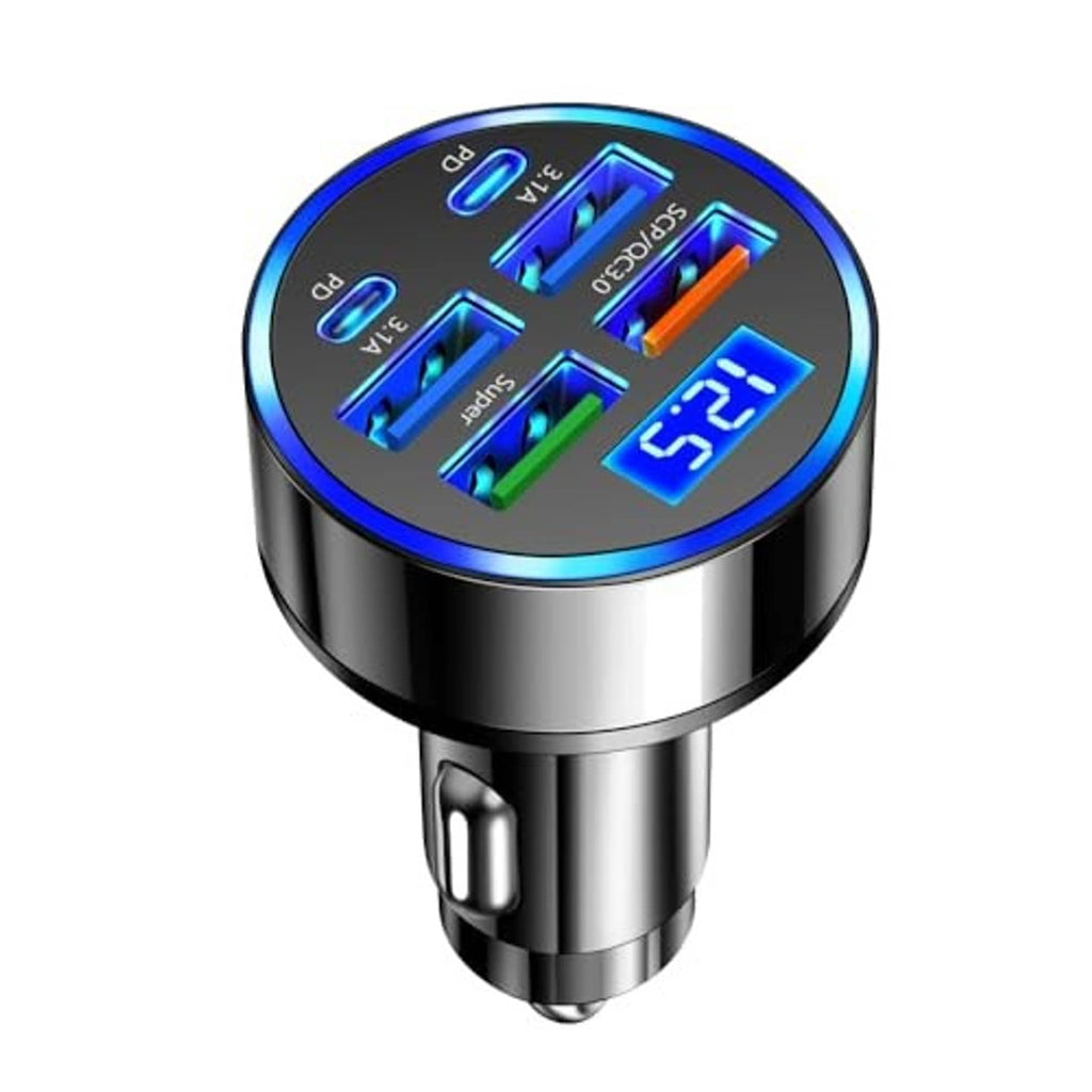 Round 6-port car charger with blue LED voltage display, black and silver body