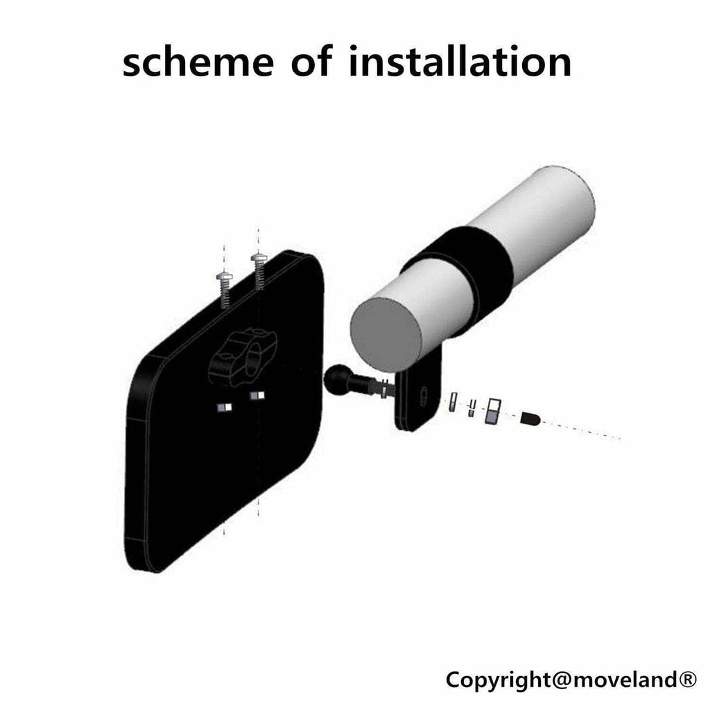 UTV mirror installation diagram showing mounting plate and roll-bar bracket pieces