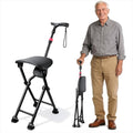 Four-legged folding cane with seat, black handle and red accents, lightweight walking aid