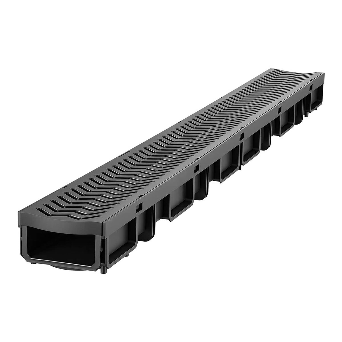 Black linear drainage channel with grated top and open trough sides, angled view