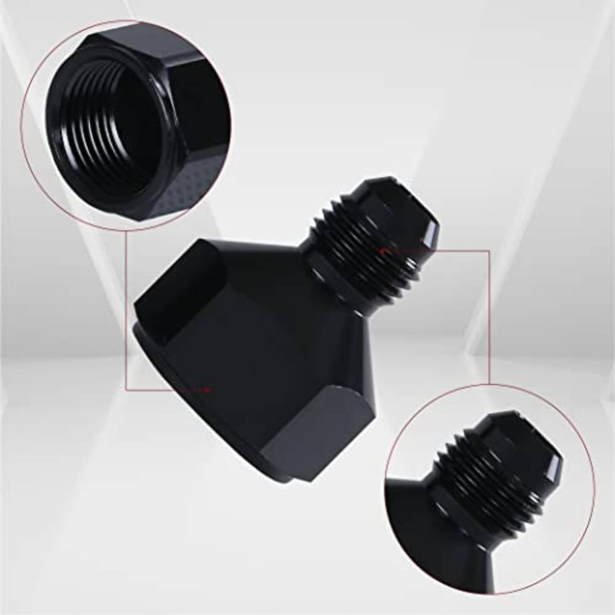Black T-style AN flare reducer adapter with two threaded ports and faceted body