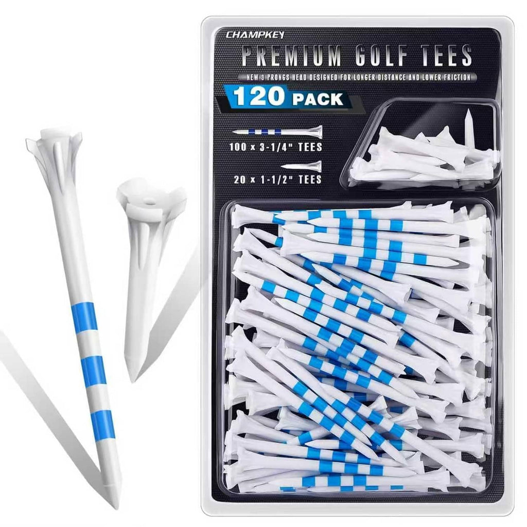 Plastic 3-prong golf tees, white with blue stripes, assorted 120-pack in tray