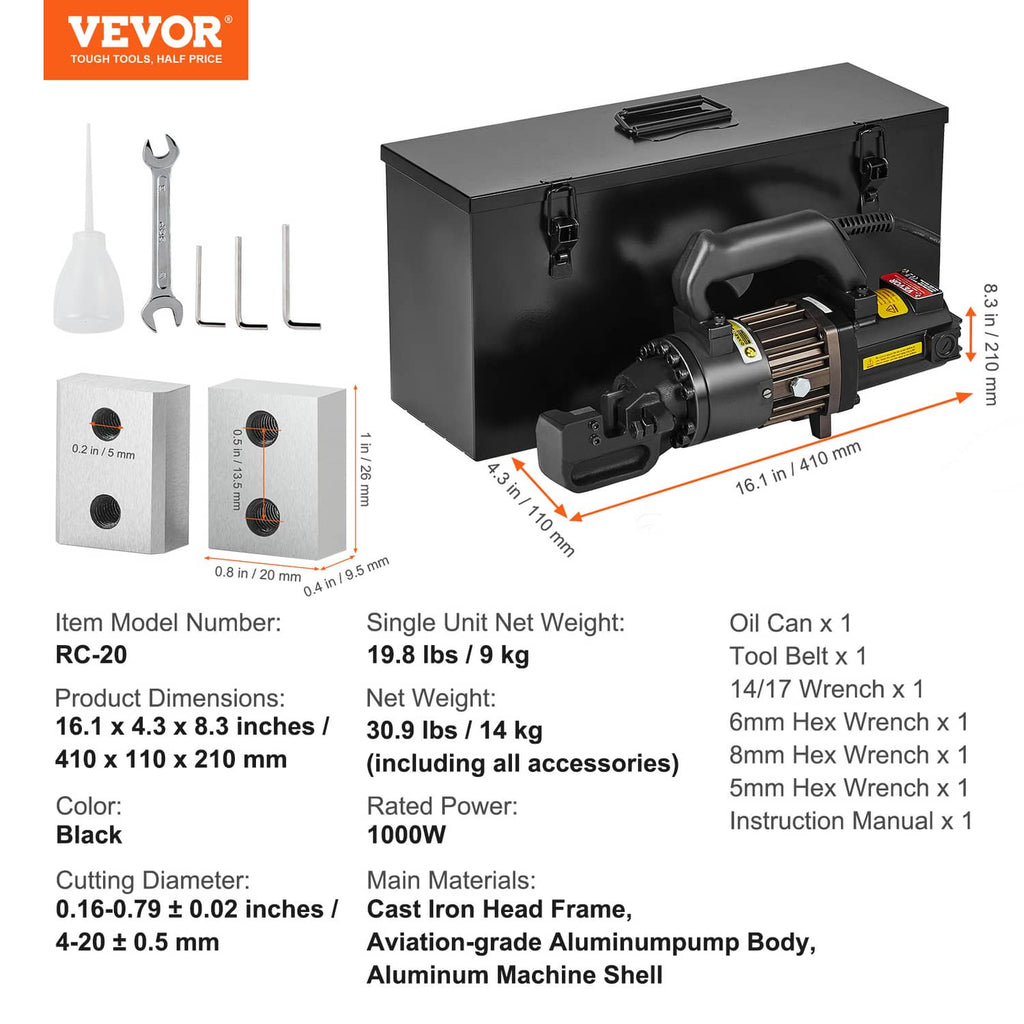 Electric hydraulic rebar cutter kit with tools and oil can accessory in box
