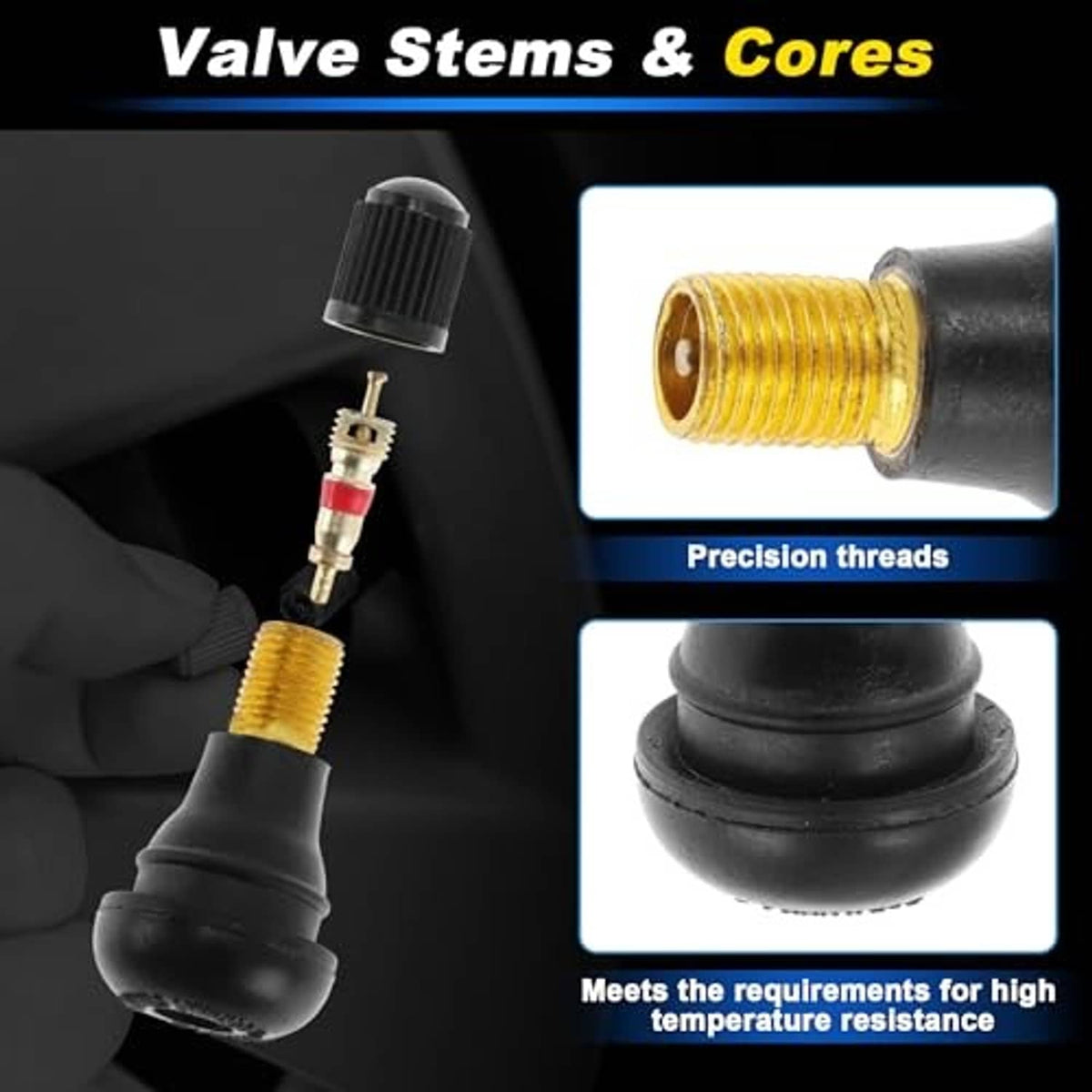Tire valve stems and cores with precision threads and black rubber cap parts